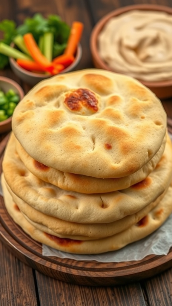Freshly baked pita bread stacked on a wooden table with hummus and vegetables.